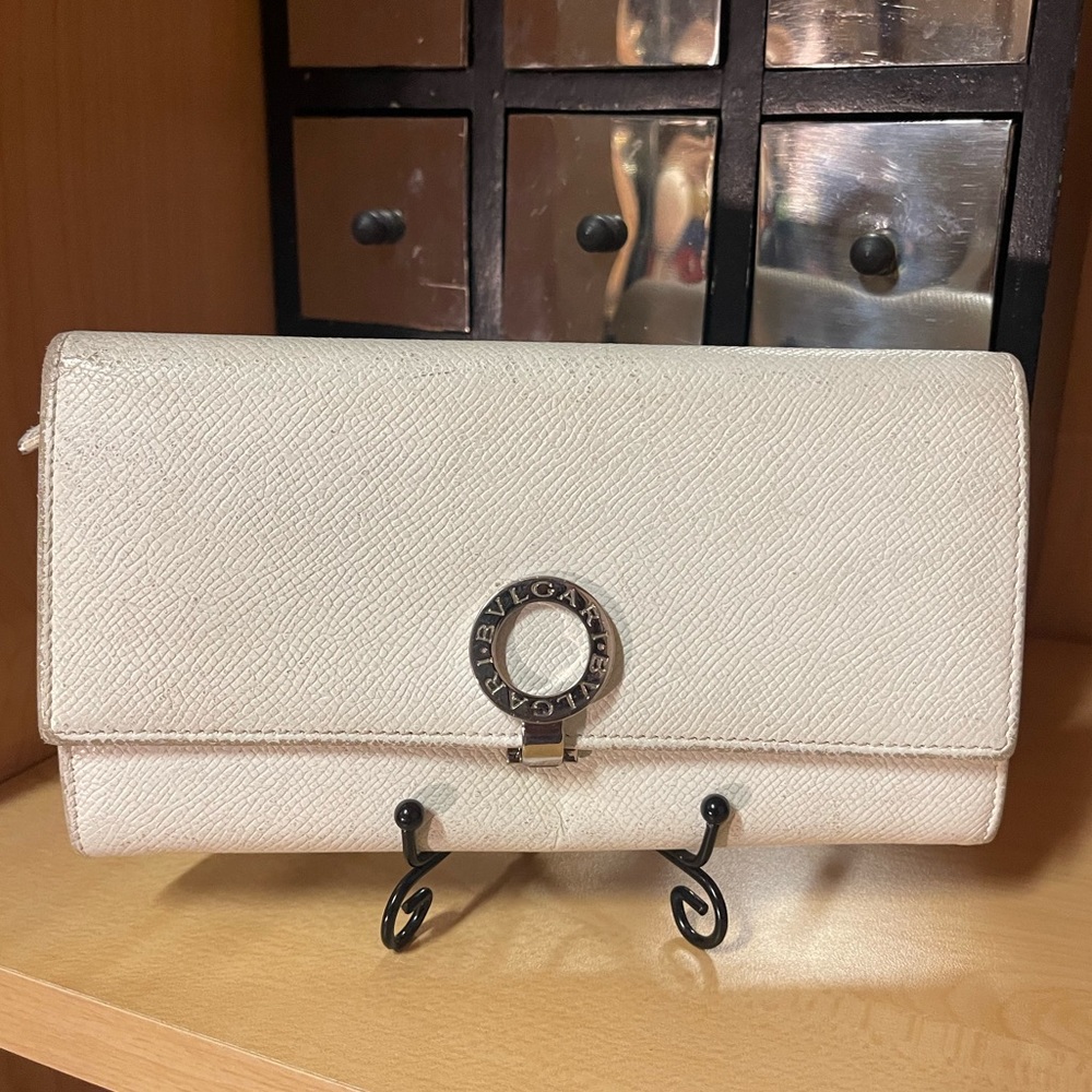 BVLGARI BVLGARI Nappa LEATHER Bifold Long WHITE Silver Clip Accent WALLET